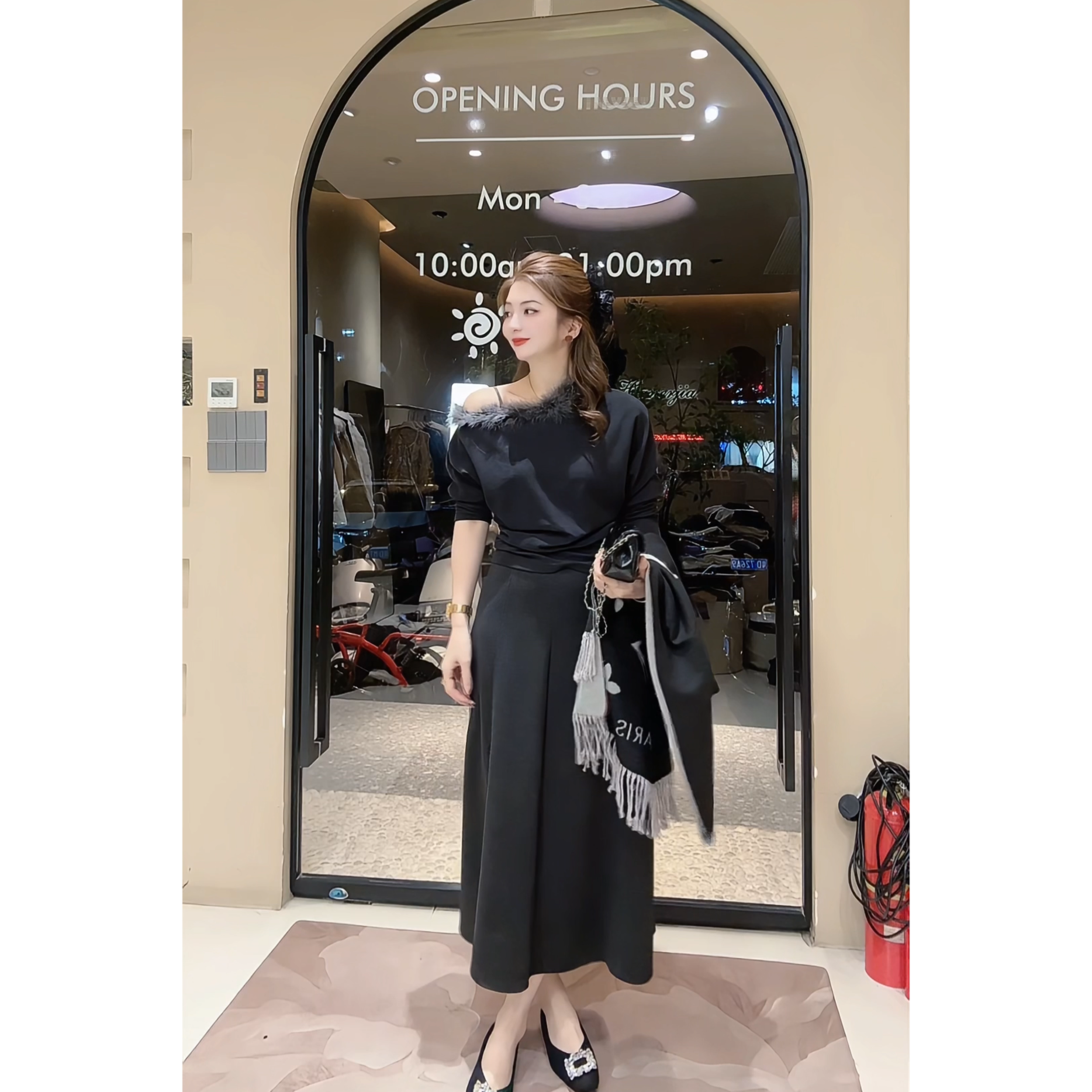 涵儿家 秋冬毛边斜肩收腰设计上衣 VS 百搭显瘦毛呢半身伞裙-9589