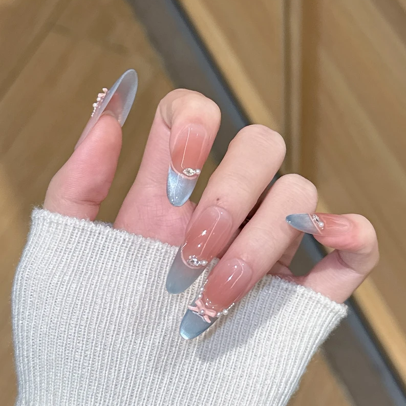 【蓝色精灵】纯手工穿戴甲美甲2025新款冰透猫眼指甲贴片猫眼美甲