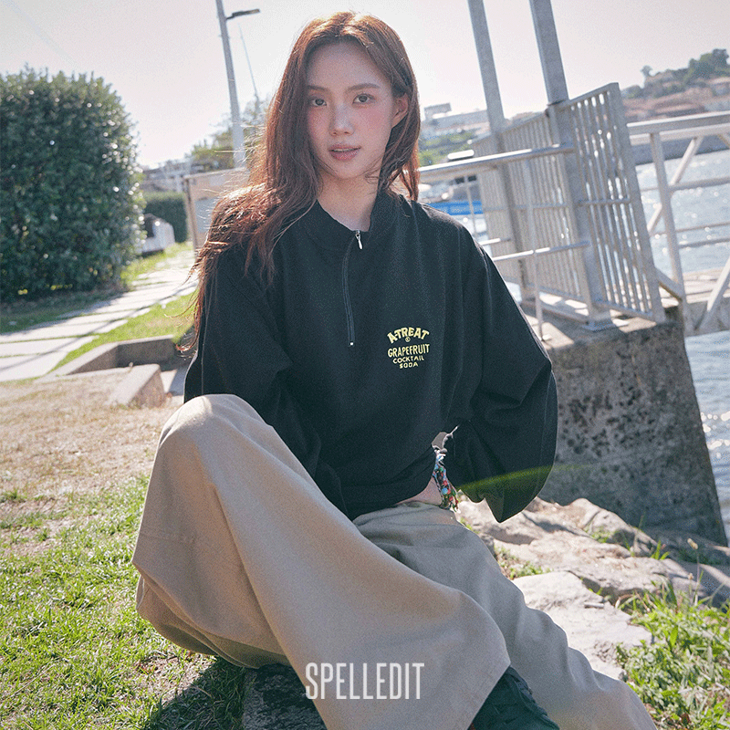 SPELLEDIT2025秋季新品半拉链高领长袖T恤韩系宽松时尚棉质上衣女