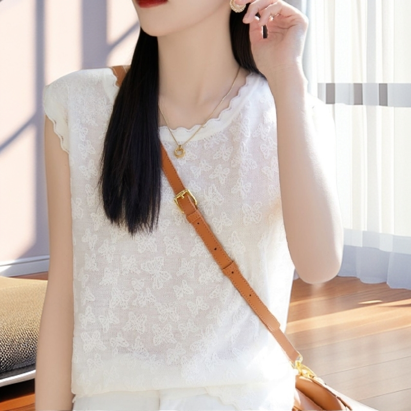 【雅岚女装】时尚洋气显瘦法式气质小香风花边圆领背心新款打底衫女