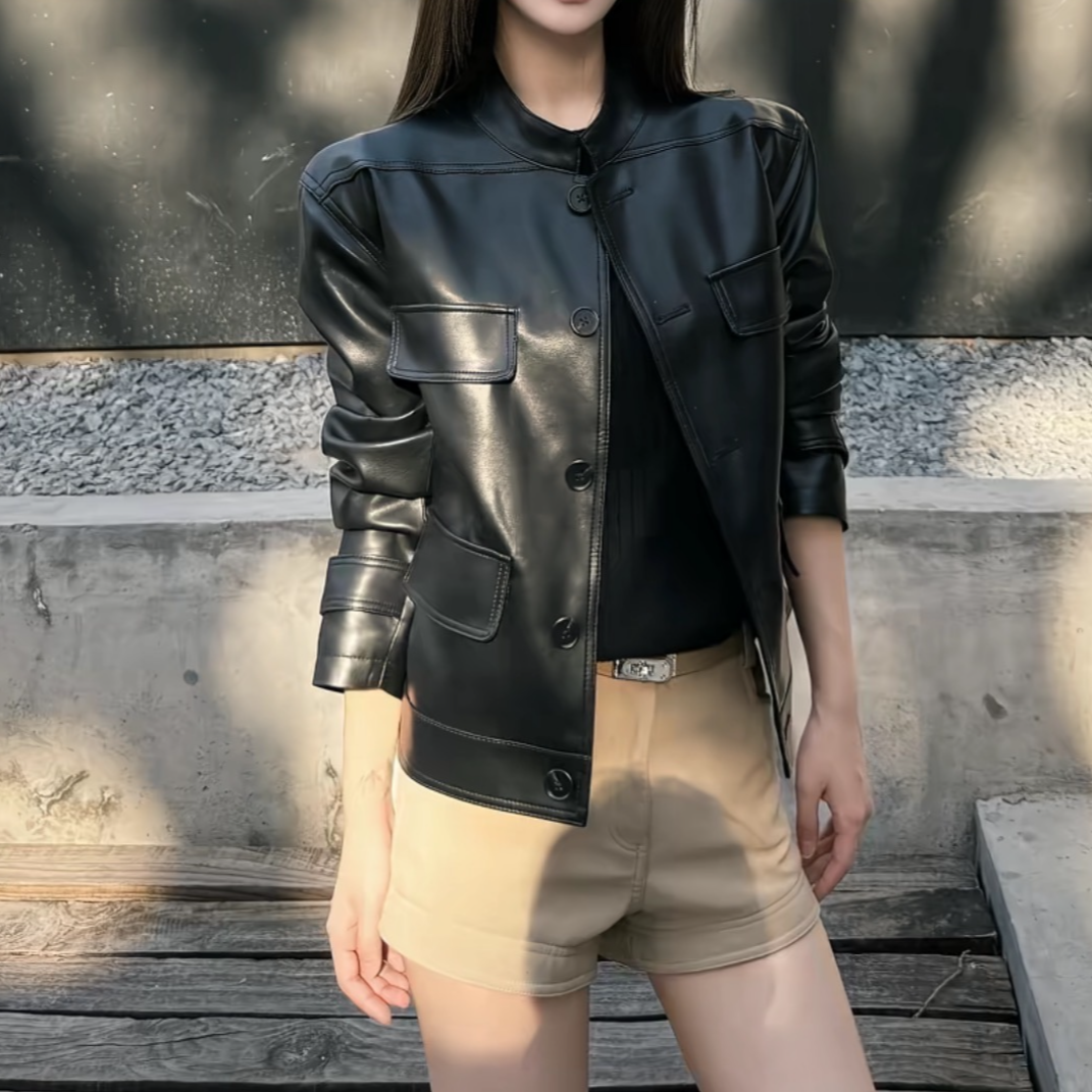 工装风立领插肩袖哑光软皮皮衣秋冬网红流浪老钱风女款皮衣