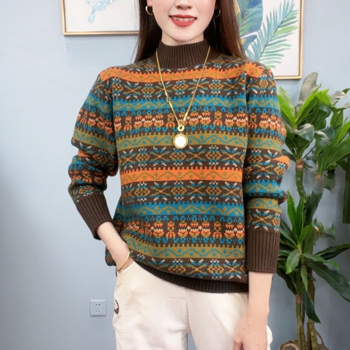 2025冬季时尚百搭休闲打底衫加厚半高领女士上衣洋气高领针织衫