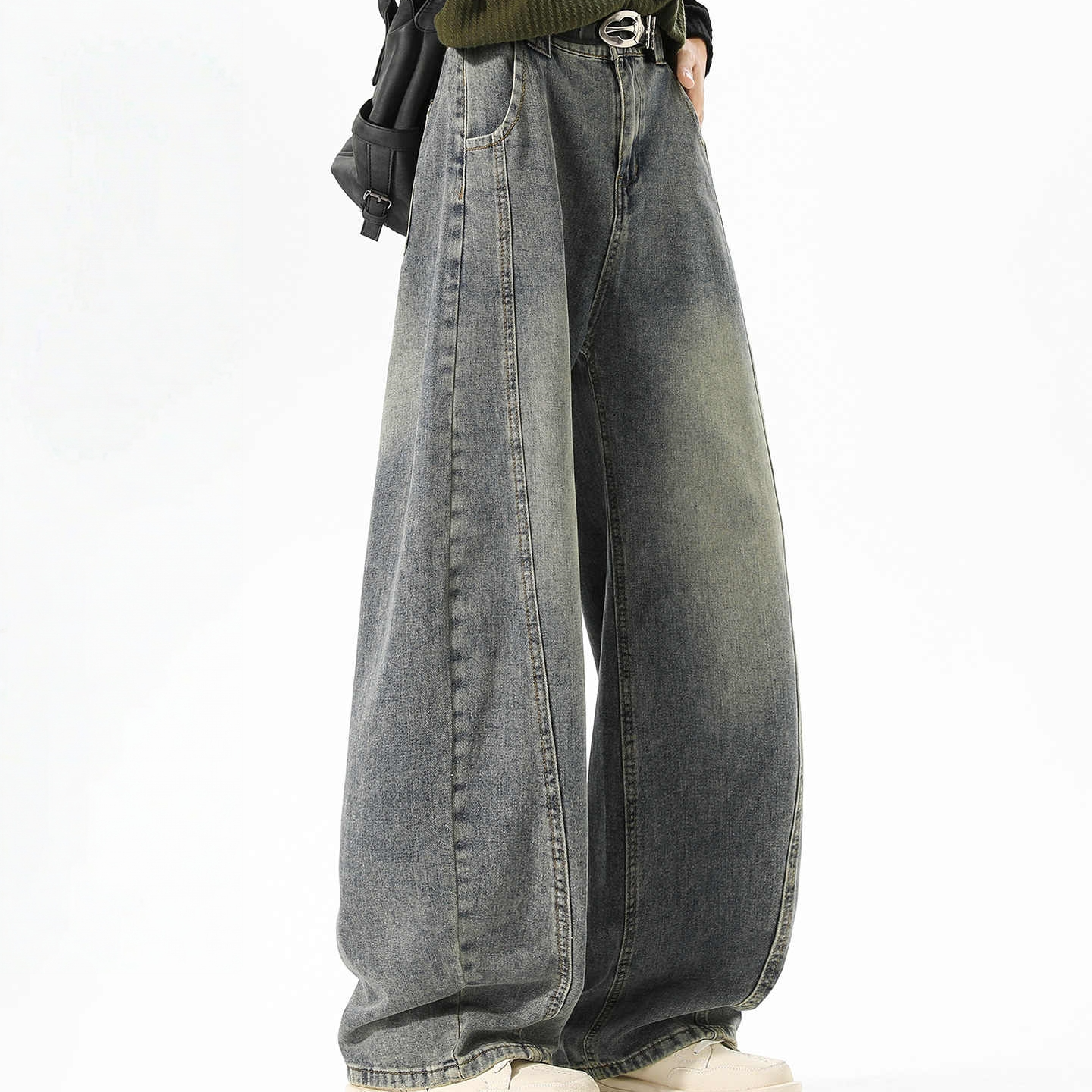 美式复古弯刀阔腿牛仔裤男2025秋季潮牌水洗做旧百搭宽松直筒裤子