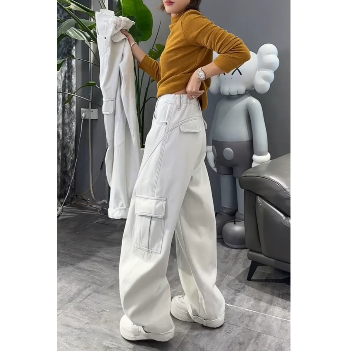 大码加绒弯刀牛仔裤女秋冬季2025新款工装裤子胖mm显瘦直筒阔腿裤