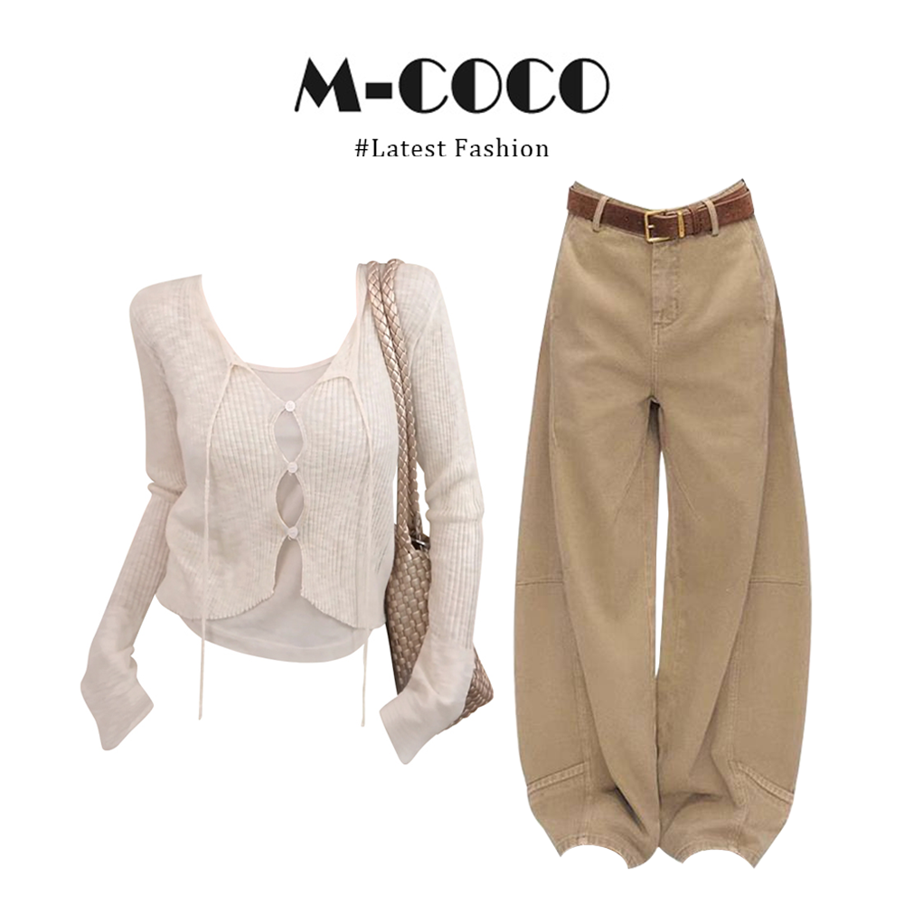 MARIE.COCO秋纯欲慵懒风女装长袖针织衫上衣内搭背心牛仔裤三件套