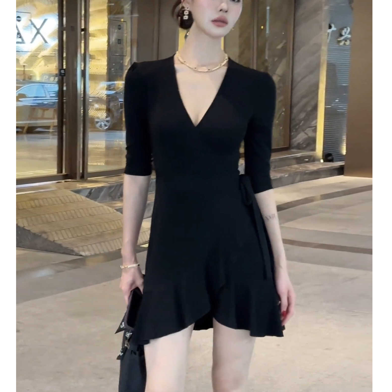 老钱风设计复古法式一片式短袖连衣裙女夏季修身名媛收腰鱼尾短裙