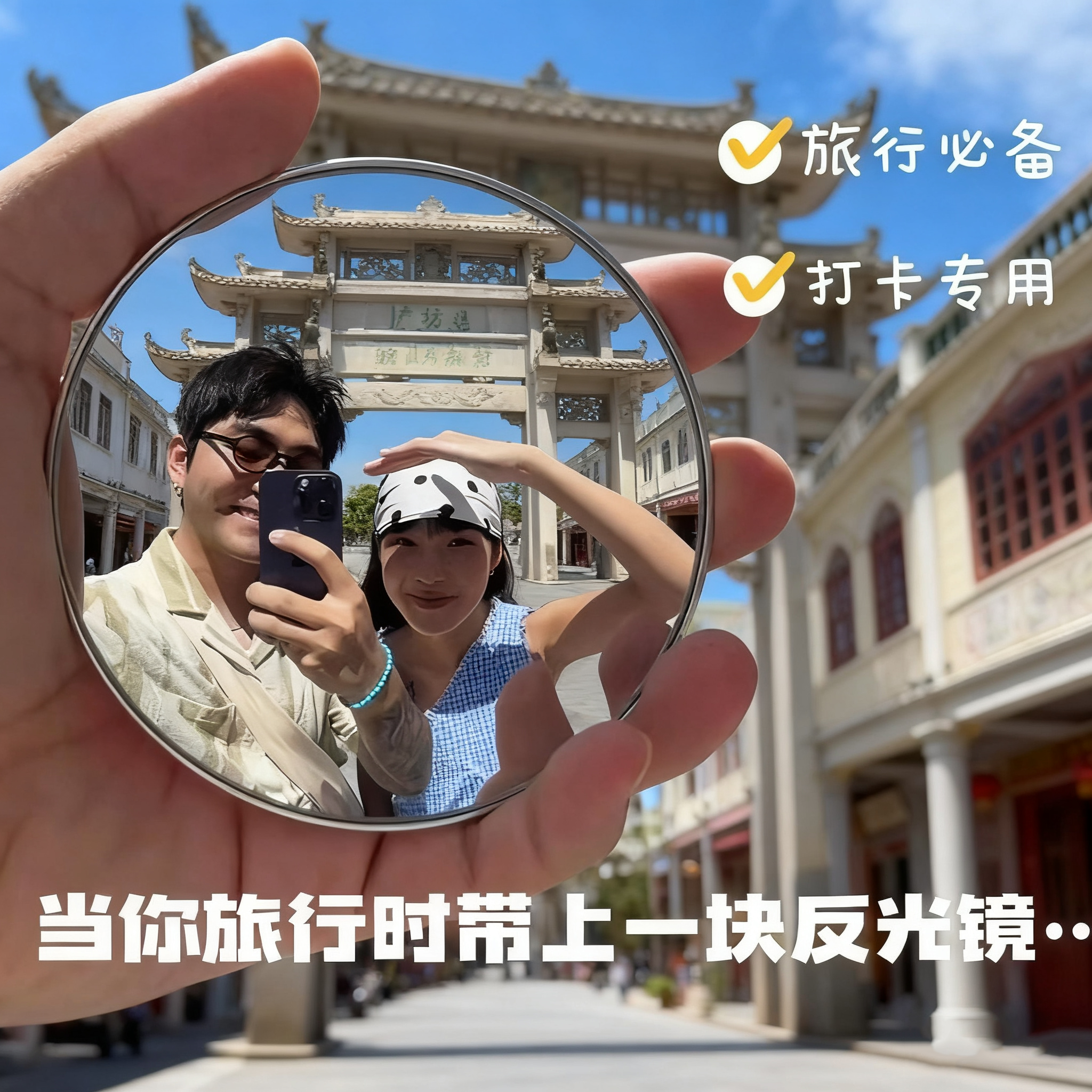 旅行拍照小圆镜凸反光镜近视镜收纳袋吧唧装饰小圆镜凸面镜旅行镜