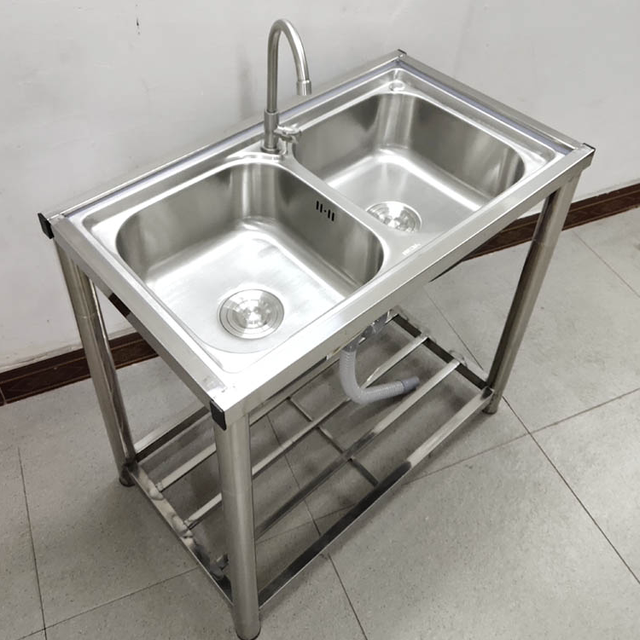 厨房304不锈钢水槽双盆带支架移动落地洗碗池洗菜盆支撑架加厚盆