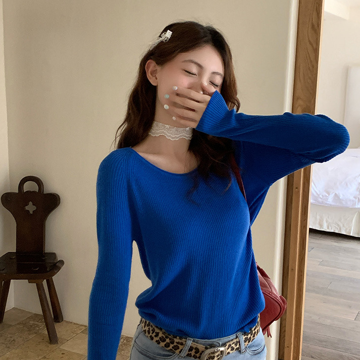 蓝色圆领针织衫女内搭修身2025秋季新款长袖打底衫外穿上衣