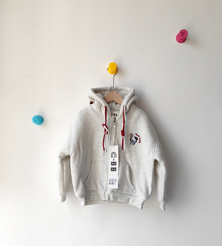 2025新款冬季女童中大童加厚菱格棉KT猫刺绣印花连帽开衫卫衣外套