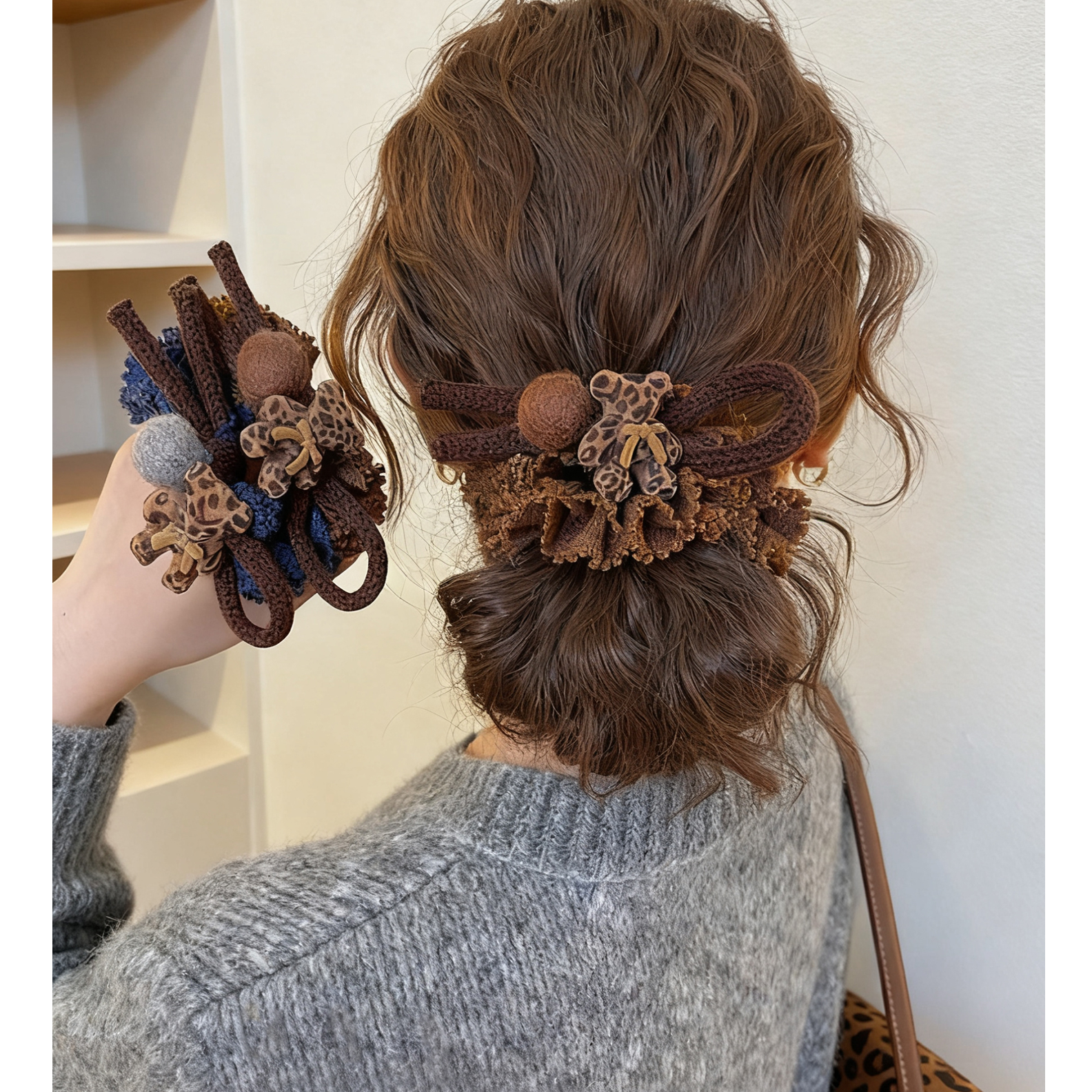 日韩豹纹小熊毛毡球发圈女高级感花边发绳低马尾扎头发皮圈头绳