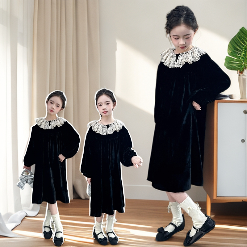 女童秋冬新款精致蕾丝花边丝绒连衣裙8-15岁女孩森系气质韩范裙子