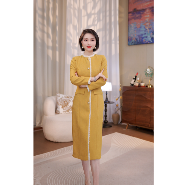 MEXCOCO/兰瑟儿春季新款气质名媛木耳边修身显瘦连衣裙104QL2288