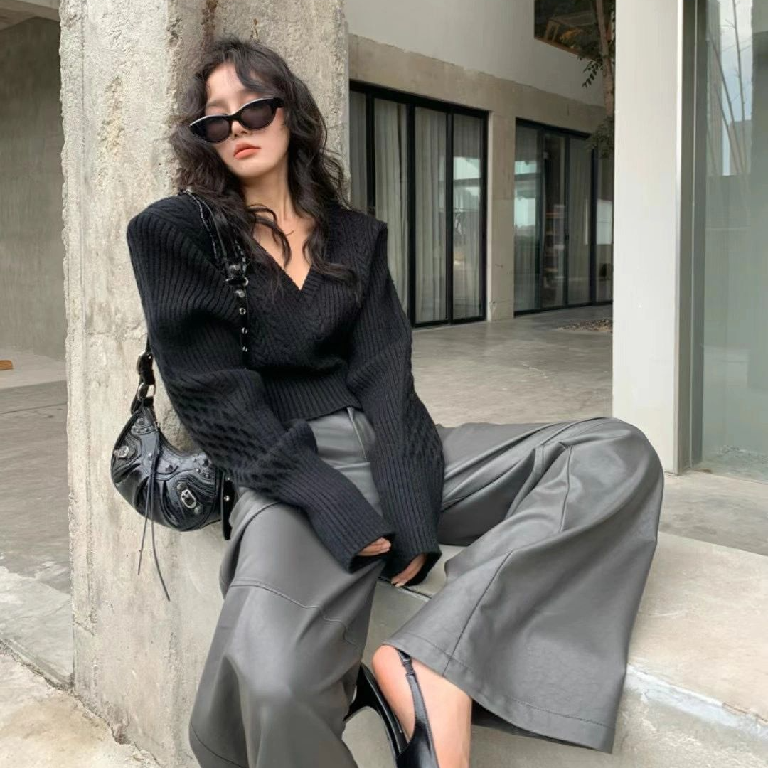 2025秋季新款韩系慵懒风黑色高级感显瘦针织衫毛衣高腰休闲长裤女