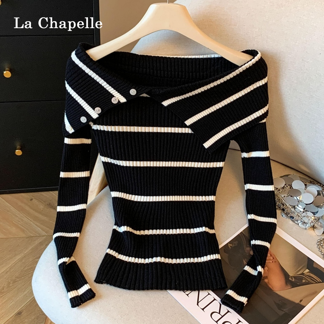 拉夏贝尔复古一字领条纹长袖针织衫女秋冬修身设计感洋气露肩上衣