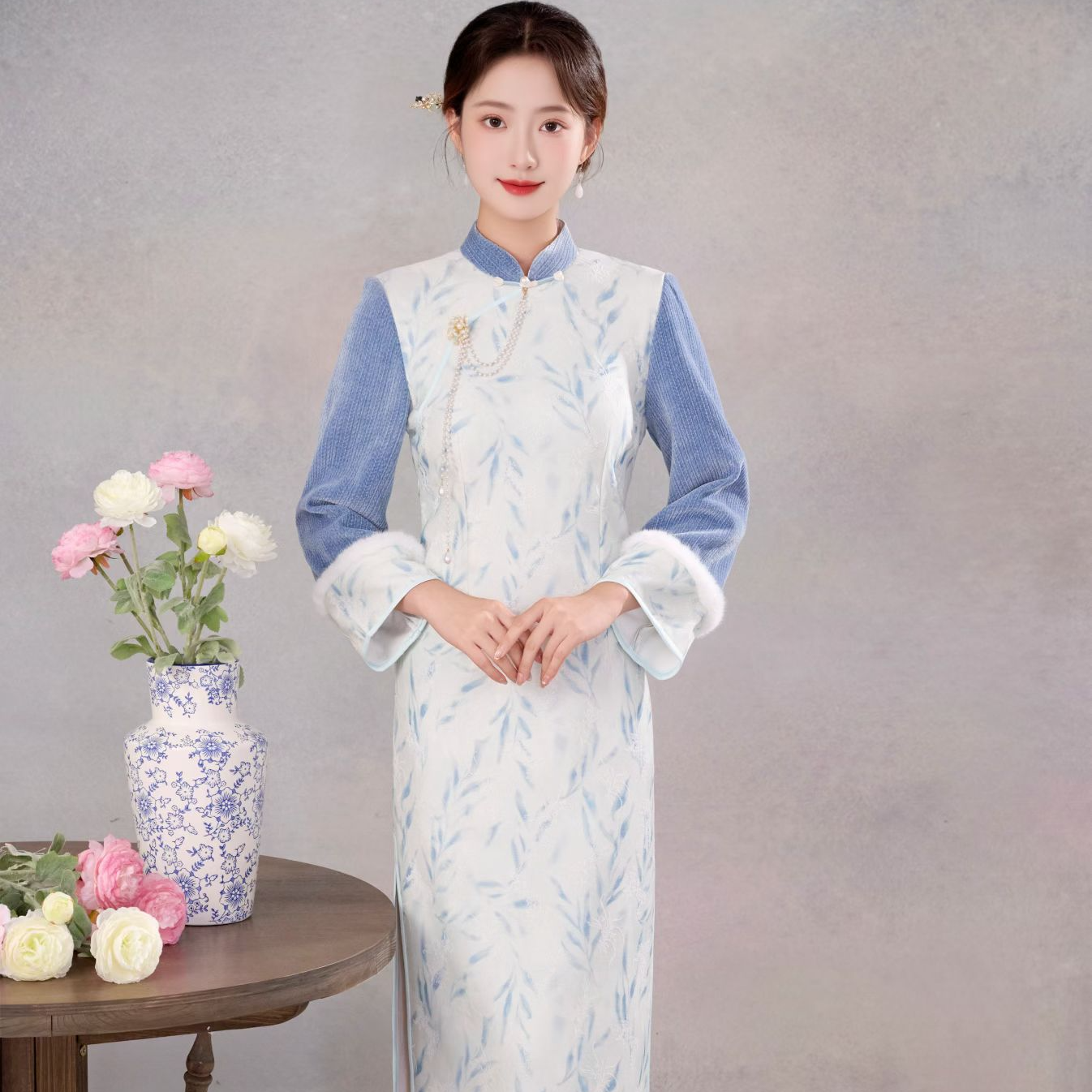 【冬】秋冬加绒国风改良中长裙旗袍遮肉显瘦加厚提花-衣长1.2米