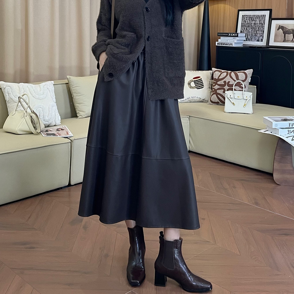 “都市气质”皮裙A字伞裙子松紧腰时尚大摆显瘦中长款半身裙251415#
