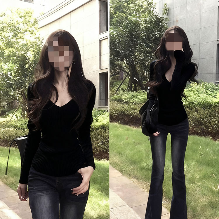纯欲风辣妹黑色v领针织打底衫女秋冬内搭修身显瘦高级感长袖上衣
