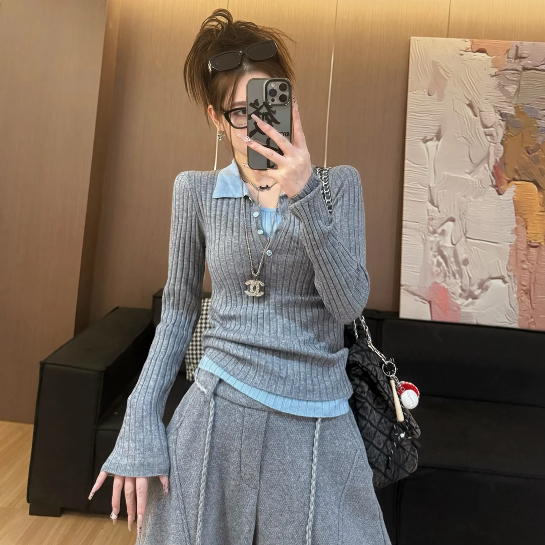 2025韩系新款假两件拼接撞色针织衫显瘦修身长袖针织衫H9-80