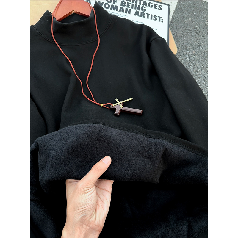 半高领痞帅德绒打底衫美式休闲卫衣秋冬男款加绒加厚复古百搭T恤