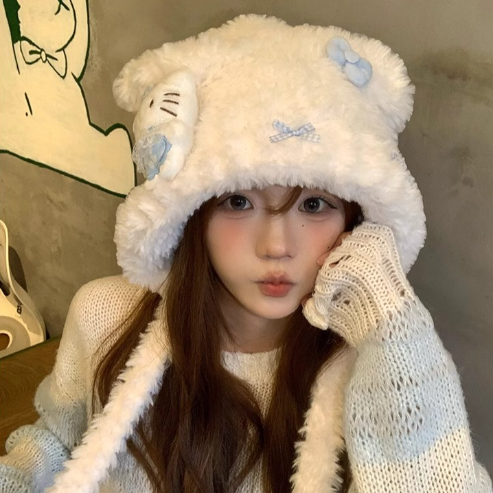 甜美kitty蝴蝶结猫耳朵毛绒帽女冬季保暖包头帽日系冬天帽子女