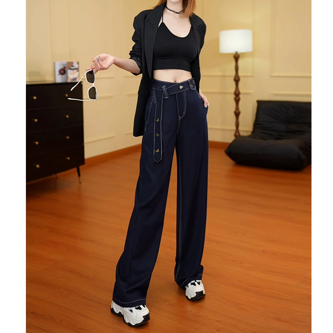 【风起长林】2025早秋新款窄版阔腿牛仔裤女显瘦高腰复古垂感牛仔裤