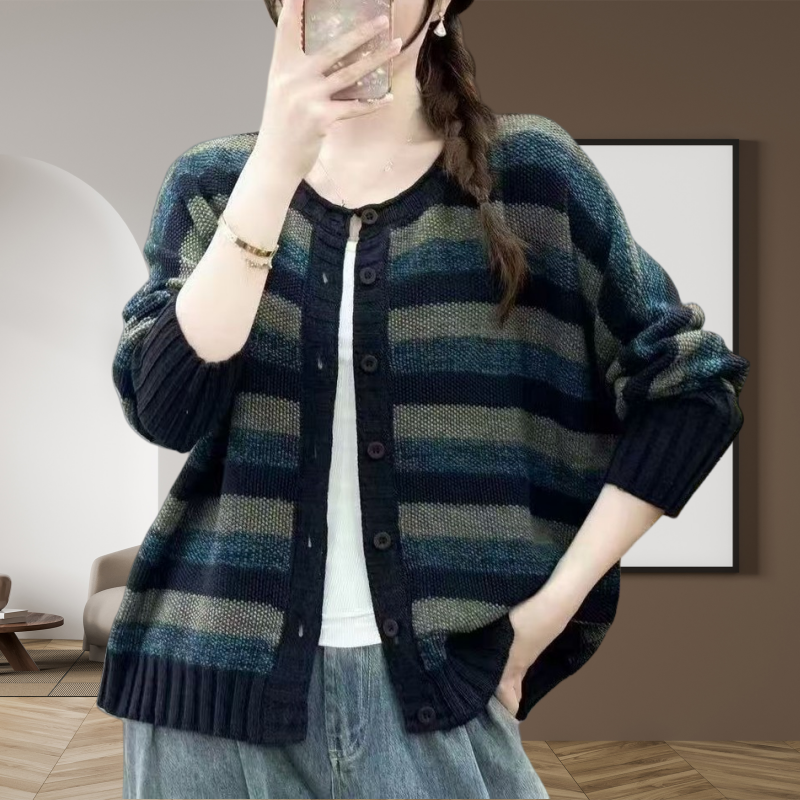 秋季新款文艺复古撞色洋气条纹针织开衫宽松遮肉显瘦百搭圆领毛衣
