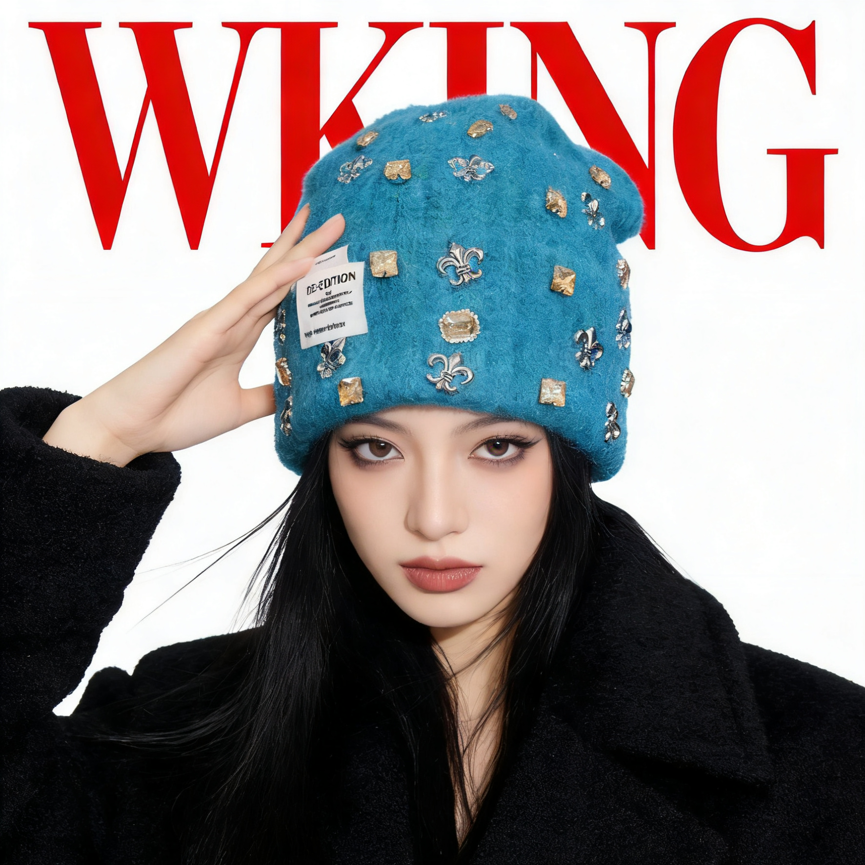 王大嘴原创 “浅蓝银标”时尚减龄百搭银色船锚香槟钻包头帽M268