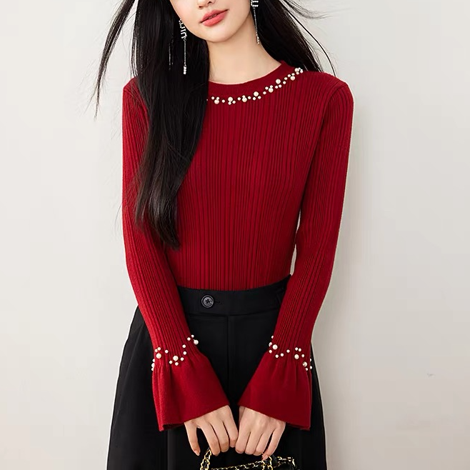 2025秋冬季时尚气质珍珠内搭打底衫女喇叭袖针织衫毛衣女上衣H670