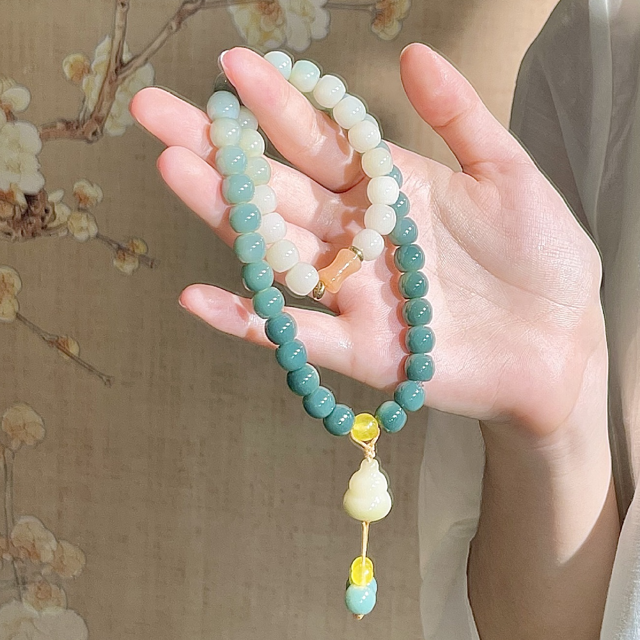 【青云梦】菩提手串绿渐变小酒桶双圈绕指柔盘玩手持文玩佛珠念珠