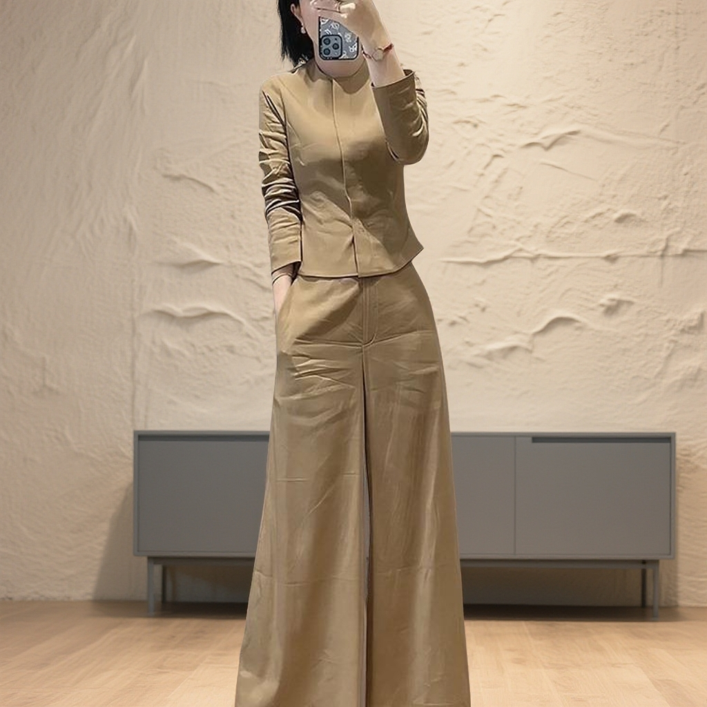 立赐大方得体高端气质小香风掐腰穿搭一整套巨好看卡其色上衣套装