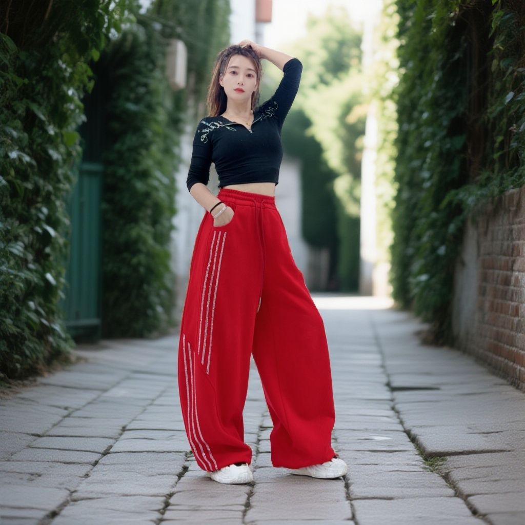 爆款广场舞潮牌亮钻三条杠长裤时尚休闲百搭宽松烫钻运动长裤