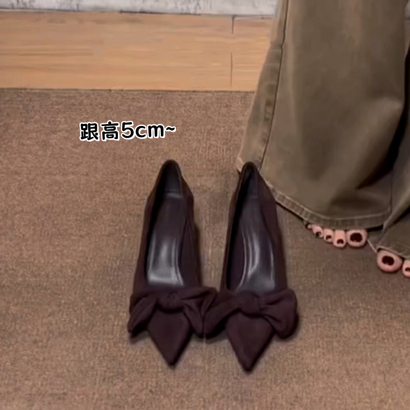 5cm小低跟法式绒面高跟鞋女秋细跟浅口蝴蝶结不累脚尖头通勤单鞋