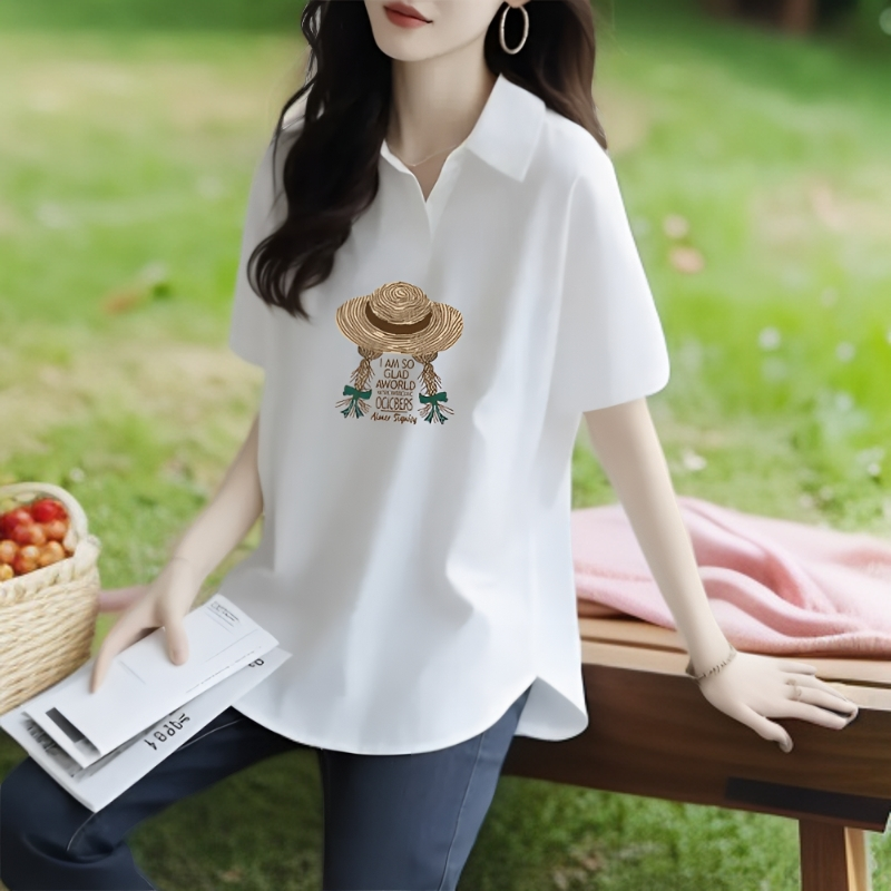 大码女装POLO衫短袖t恤宽松遮肉显瘦减龄洋气打底衫百搭V领上衣夏