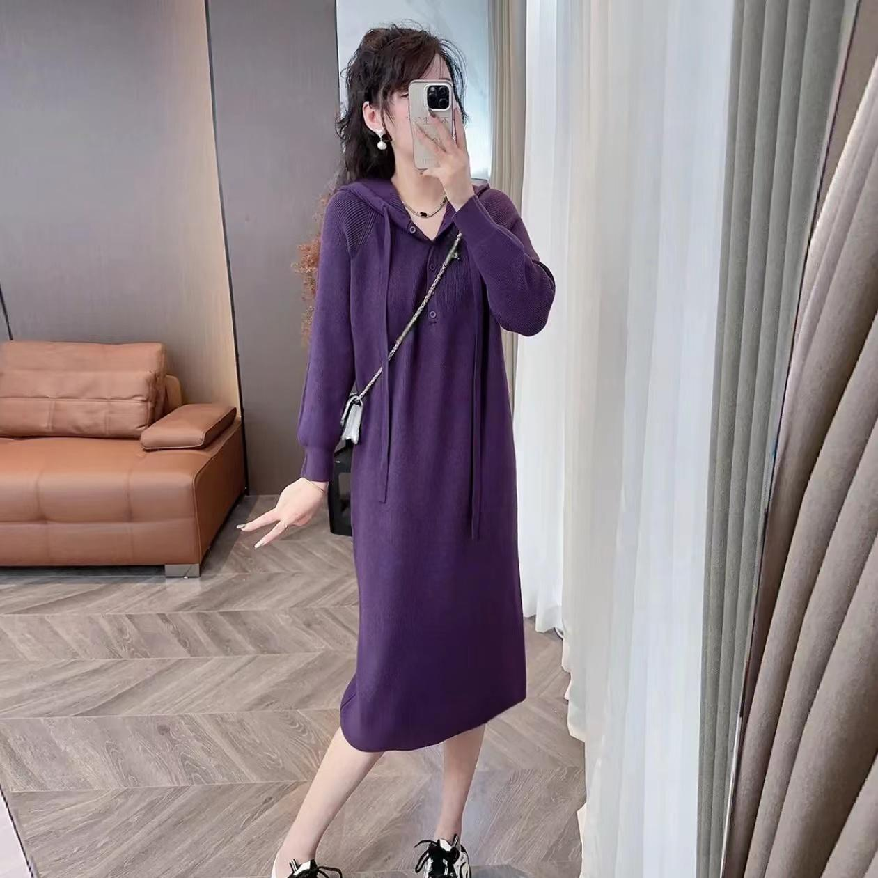 紫色新款爆款连帽针织连衣裙女秋冬小个子宽松慵懒休闲打底毛衣裙