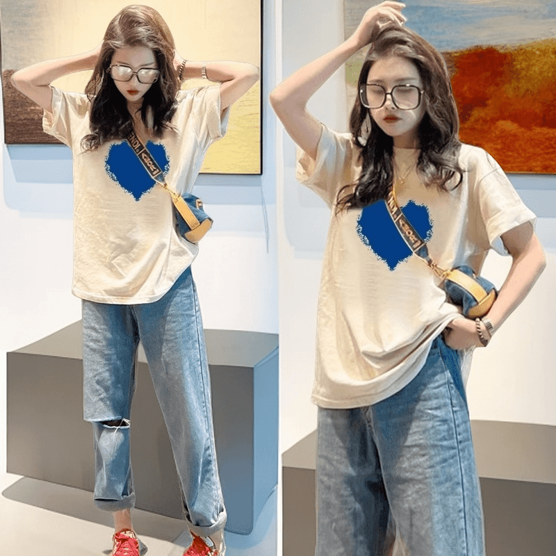 新款女式短袖上衣夏季百搭宽松显瘦时尚心形印花纯棉圆领休闲薄款