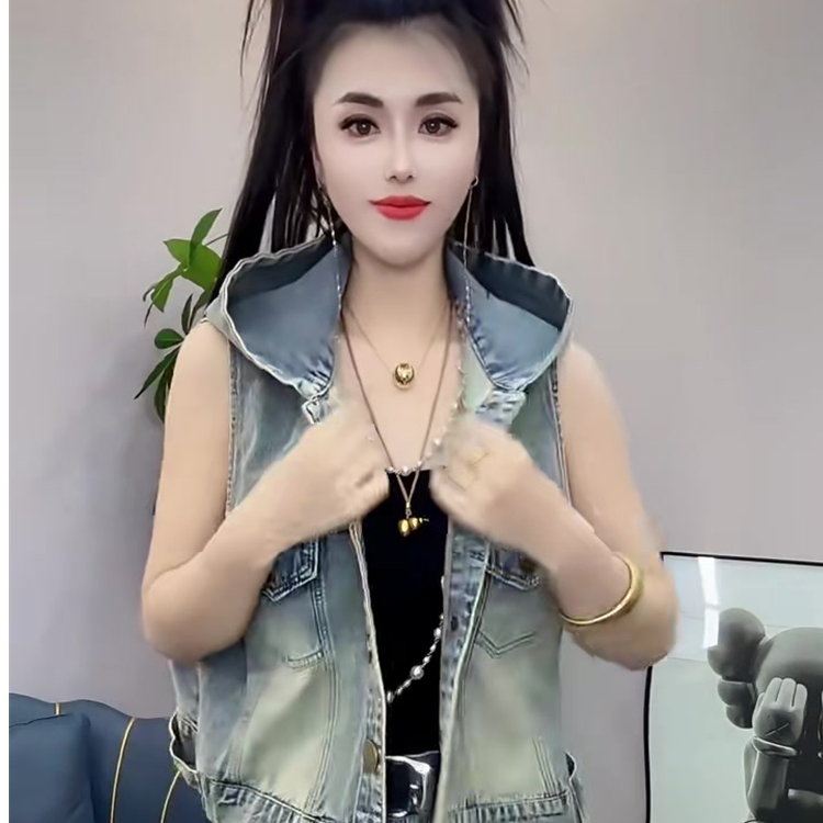 2025春夏秋新款牛仔马甲女休闲宽松连帽无袖坎肩背心外穿短款外套