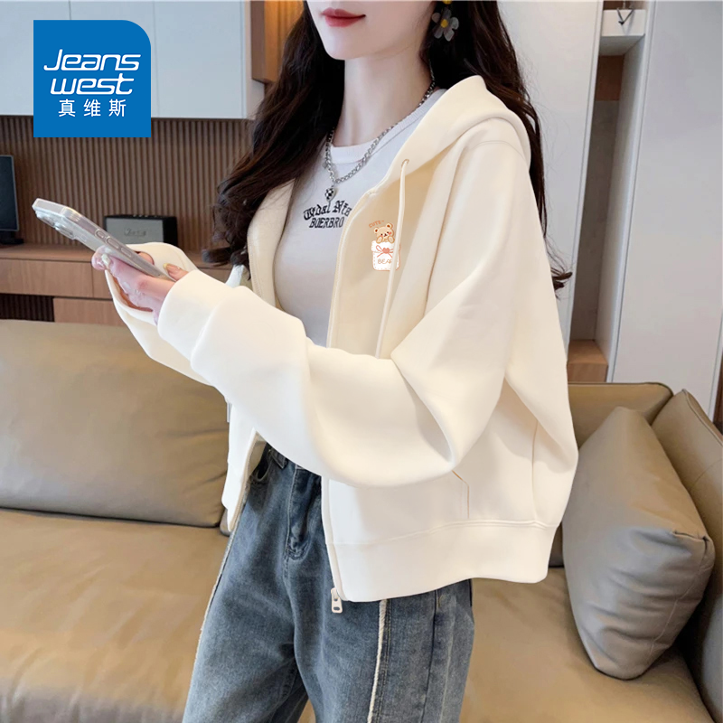 真维斯短款连帽开衫女韩版休闲卫衣韩系ins秋冬上衣宽松薄款外套