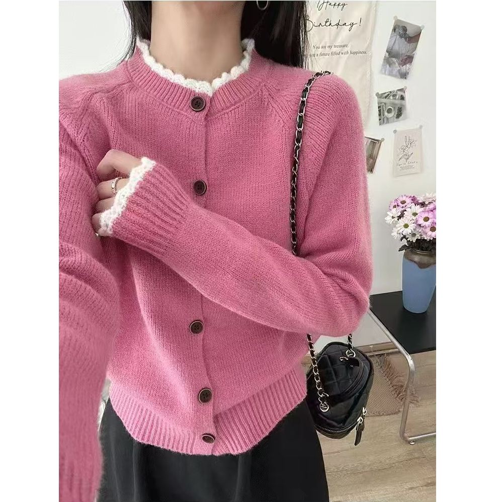 6014秋季新款慵懒风圆领女士毛衣外套短款纯色上衣针织开衫