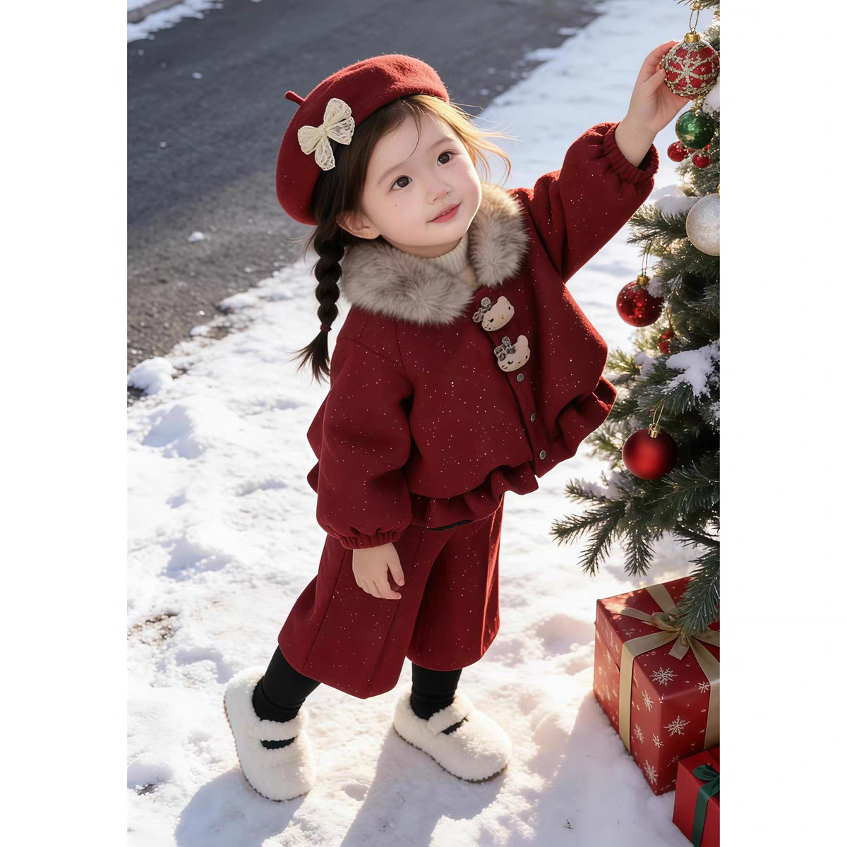 女童冬装套装加绒加厚儿童洋气新年拜年服小女孩宝宝洋气两件套潮