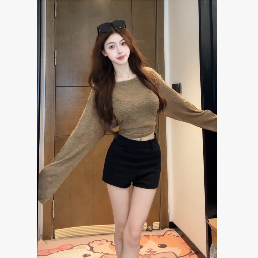 【XIAOBAWANG】纯欲风拼接长袖短款修身型T恤时尚小众网红开叉秋季T