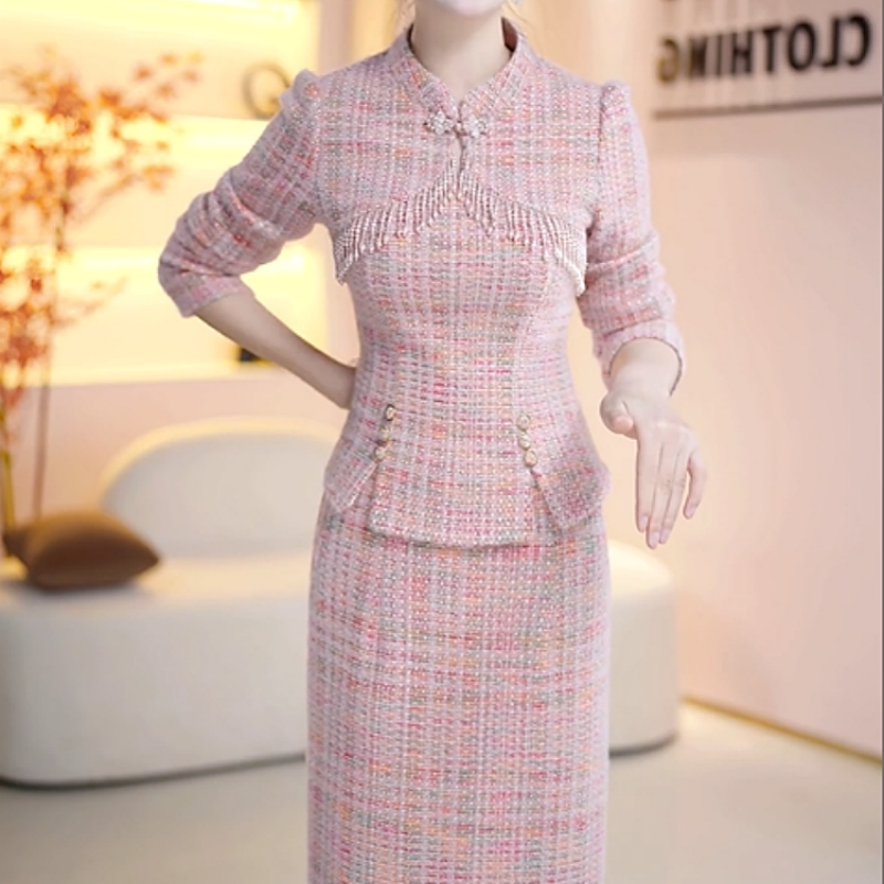 B255【上衣+半身裙】2025秋冬新款时尚优雅气质修身显瘦遮肚套装