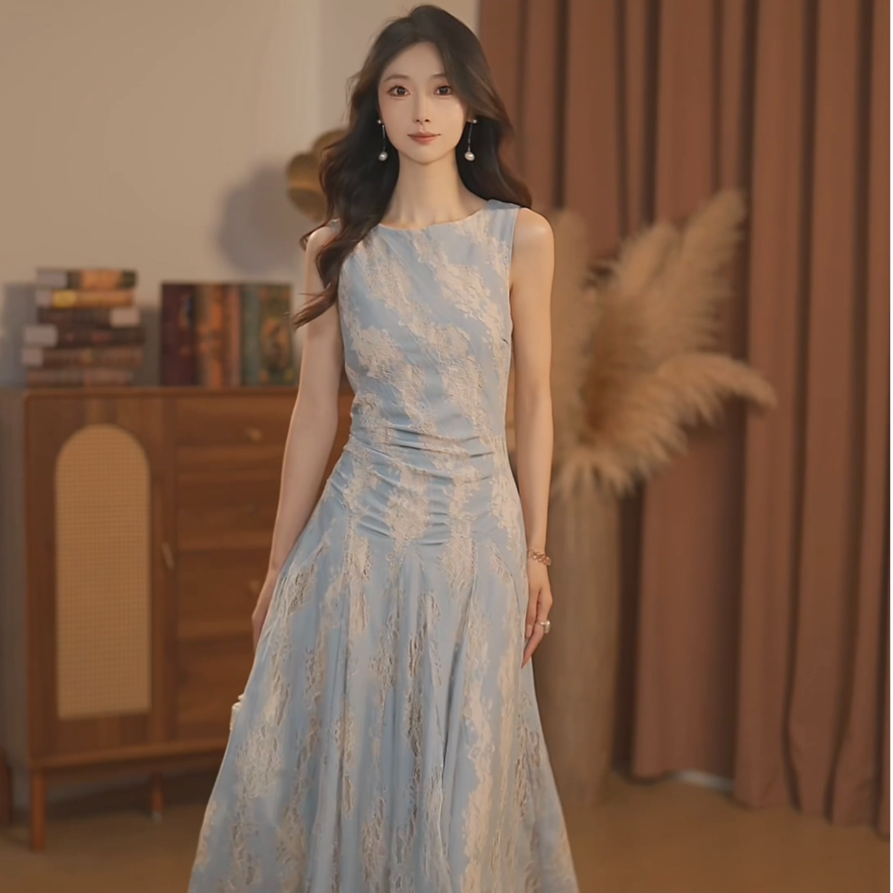 【大金】维纳斯海雾蓝 法式蕾丝小众气质大裙摆连衣裙-HZ658