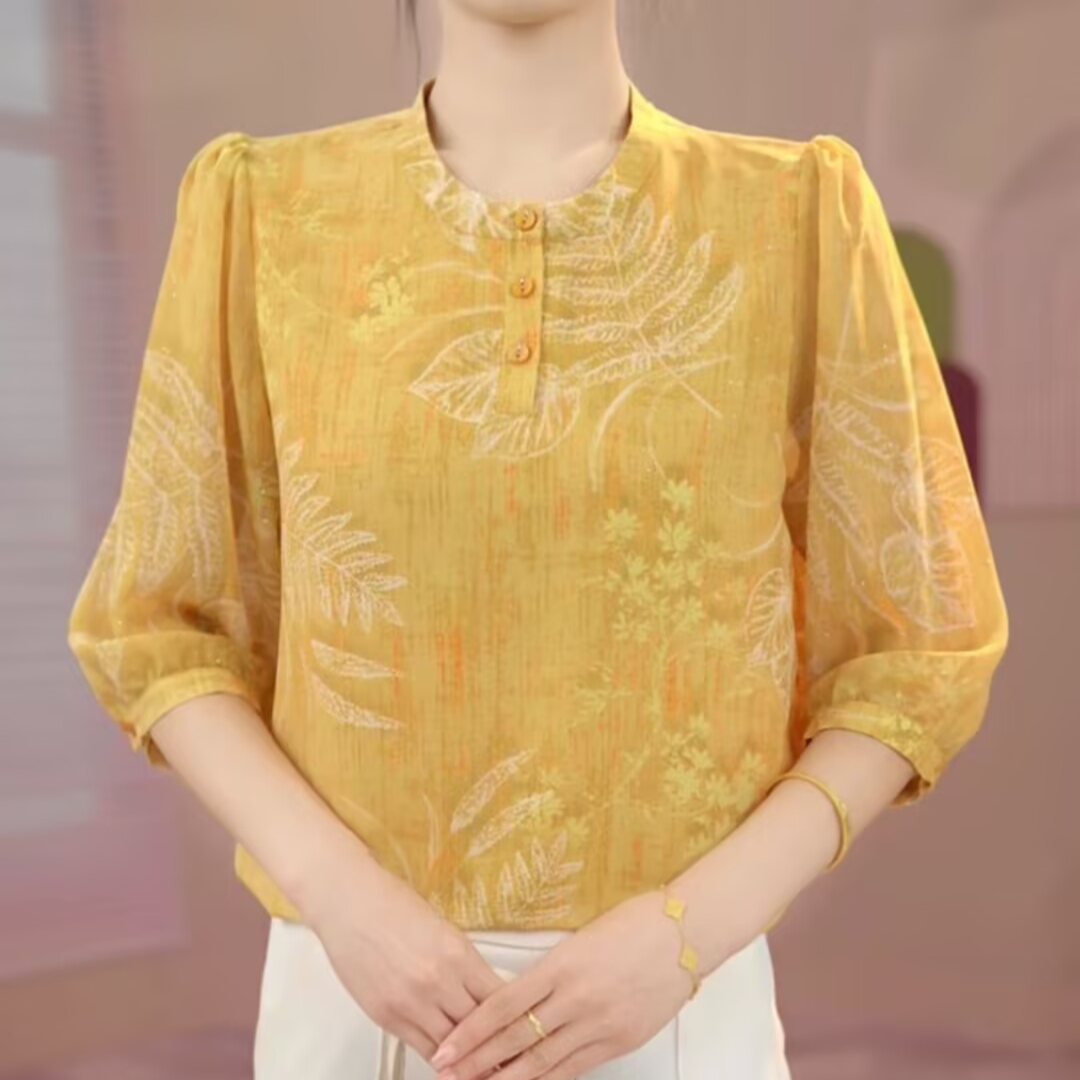 早秋外穿七分袖薄款冰丝衬衫大码胖mm显瘦宽松雪纺印花小衫