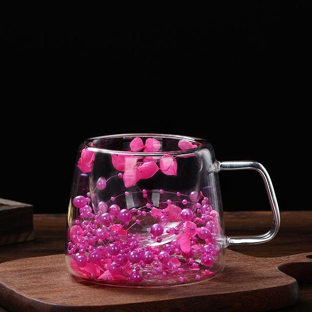 轻奢花朵咖啡杯双层高硼硅玻璃茶杯果汁杯伴手礼高颜值女生喝水杯