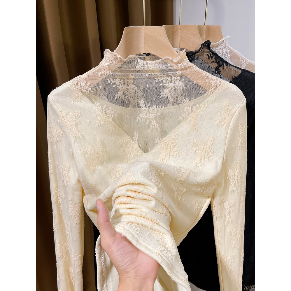 高领加绒蕾丝打底衫女秋冬2025新款保暖洋气内搭小衫毛衣叠穿纱衣