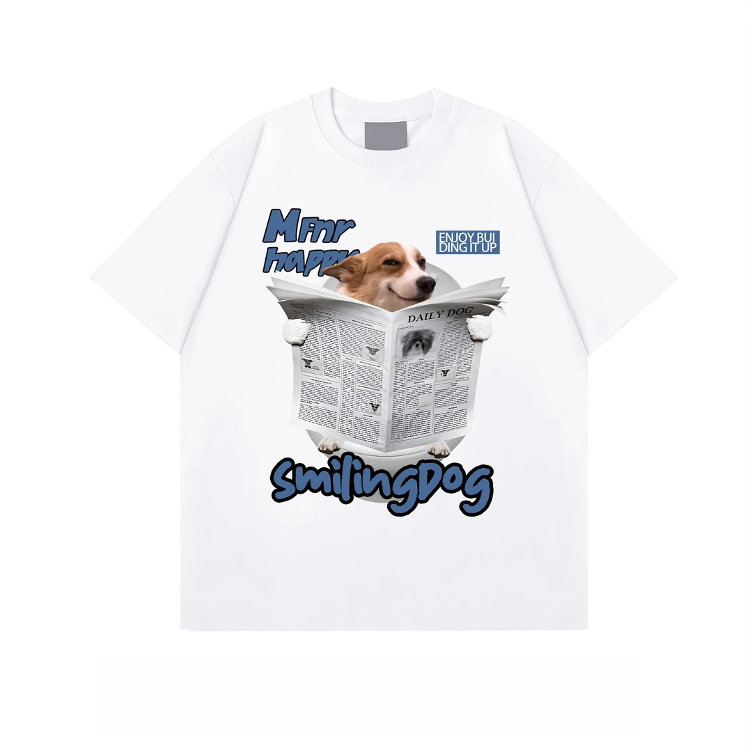 复古街头设计感报纸小狗印花T恤男女生夏季新款重磅纯棉短袖上衣