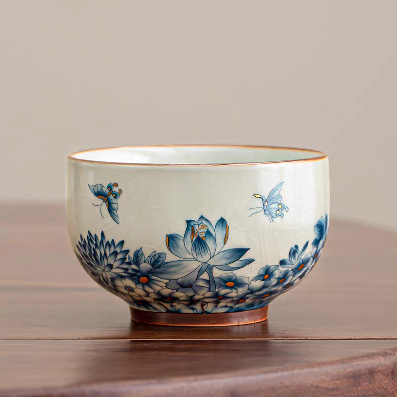 汝窑开片铜钱杯高档功夫茶具手工青花防烫个人专用主人杯茶杯茶盏