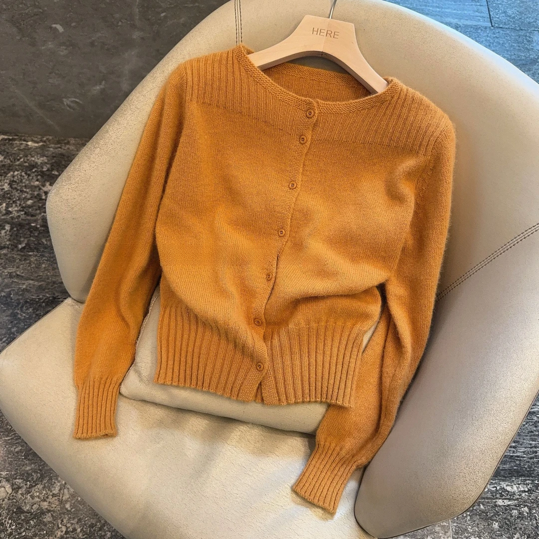 设计感长袖时尚百搭新款南瓜色韩系气质显瘦针织外套开衫K1-14