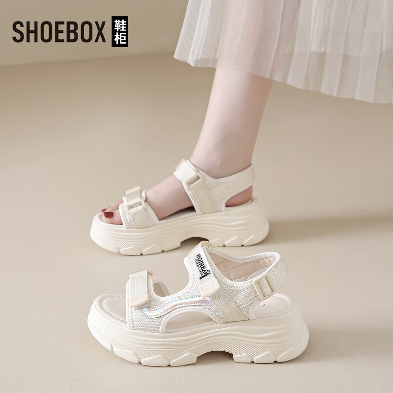 SHOEBOX鞋柜松糕魔术贴凉鞋2025夏季增高小个子沙滩鞋老爹凉鞋